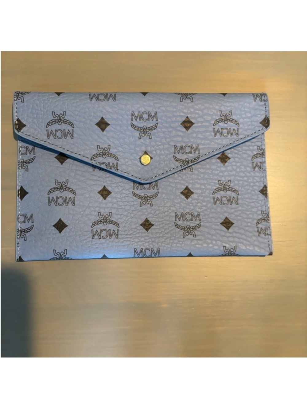 MCM Light Blue Logo Envelope Wallet clutch pouch like new with chain - Picture 6 of 11